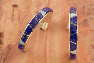 Calvin Begay Genuine Blue Lapis Sterling Silver Hoop Earrings
